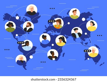 World map with people concept. Men and women communicate in social networks and instant messengers, globalization. Distance communication and interaction. Cartoon flat vector illustration