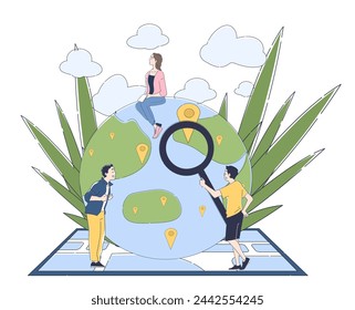 World map people concept. Men with magnifying glass and world map. Navigation and geolocation. Travelers and tourists. Doodle flat vector illustration isolated on white background