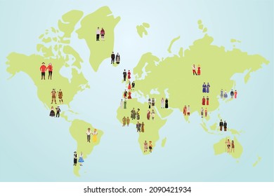 World map and people of various nationalities vector illustration