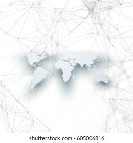 World map in perspective with shadow on white. Abstract global network connections, geometric design technology concept background. Chemistry pattern, molecule structure, connecting lines and dots.