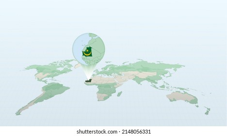 World map in perspective showing the location of the country Mauritania with detailed map with flag of Mauritania. Vector illustration.