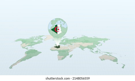 World map in perspective showing the location of the country Algeria with detailed map with flag of Algeria. Vector illustration.