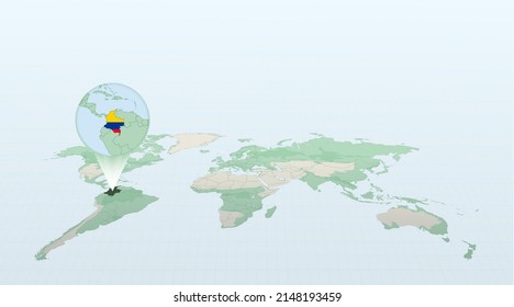 World map in perspective showing the location of the country Colombia with detailed map with flag of Colombia. Vector illustration.