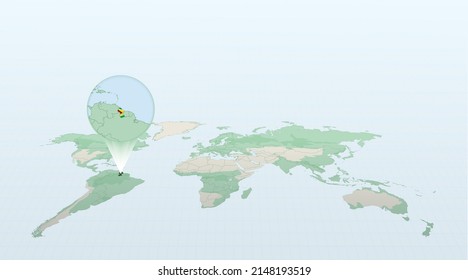 World map in perspective showing the location of the country Guyana with detailed map with flag of Guyana. Vector illustration.