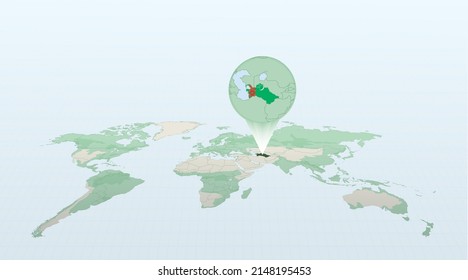 World map in perspective showing the location of the country Turkmenistan with detailed map with flag of Turkmenistan. Vector illustration.