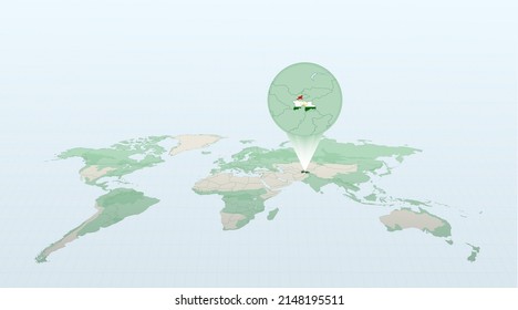 World map in perspective showing the location of the country Tajikistan with detailed map with flag of Tajikistan. Vector illustration.