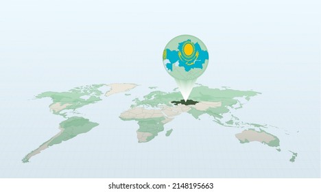 World map in perspective showing the location of the country Kazakhstan with detailed map with flag of Kazakhstan. Vector illustration.