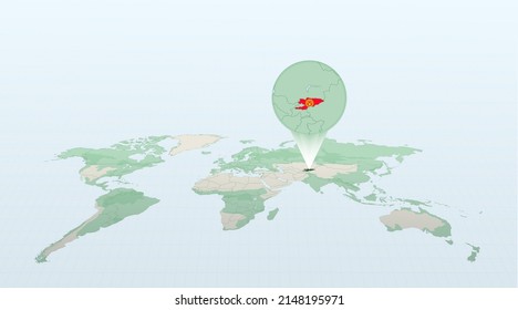 World map in perspective showing the location of the country Kyrgyzstan with detailed map with flag of Kyrgyzstan. Vector illustration.