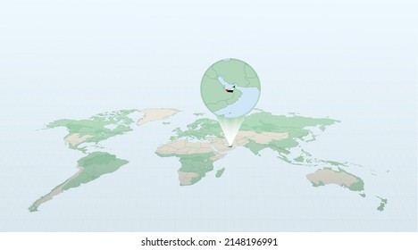 World map in perspective showing the location of the country United Arab Emirates with detailed map with flag of United Arab Emirates. Vector illustration.