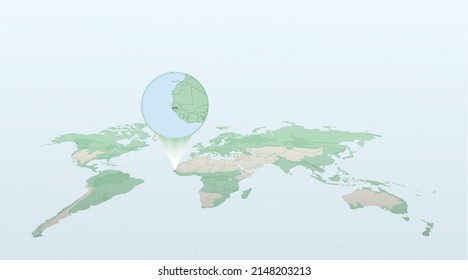 Mapa mundial en perspectiva que muestra la ubicación del país Gambia con un mapa detallado con bandera de Gambia. Ilustración vectorial.