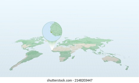 World map in perspective showing the location of the country Guinea-Bissau with detailed map with flag of Guinea-Bissau. Vector illustration.