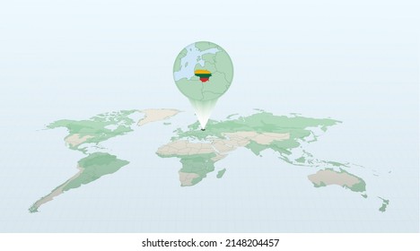 Weltkarte im Hinblick auf die Lage des Landes Litauen mit detaillierter Karte mit litauischer Flagge. Vektorgrafik.
