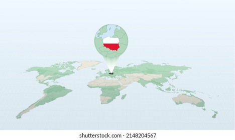 World map in perspective showing the location of the country Poland with detailed map with flag of Poland. Vector illustration.