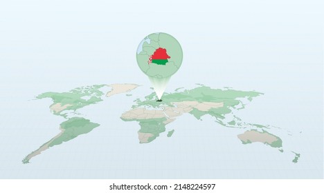 World map in perspective showing the location of the country Belarus with detailed map with flag of Belarus. Vector illustration.