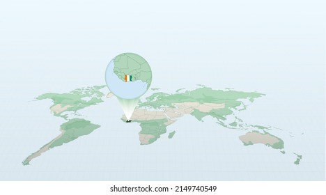 World map in perspective showing the location of the country Ivory Coast with detailed map with flag of Ivory Coast. Vector illustration.