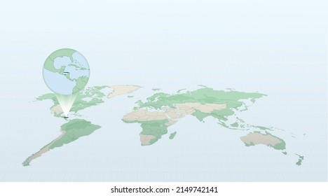 World map in perspective showing the location of the country Honduras with detailed map with flag of Honduras. Vector illustration.