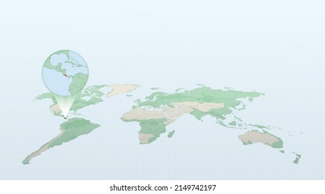 World map in perspective showing the location of the country Costa Rica with detailed map with flag of Costa Rica. Vector illustration.