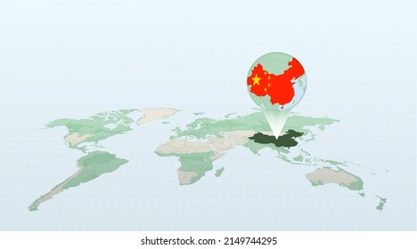 World map in perspective showing the location of the country China with detailed map with flag of China. Vector illustration.