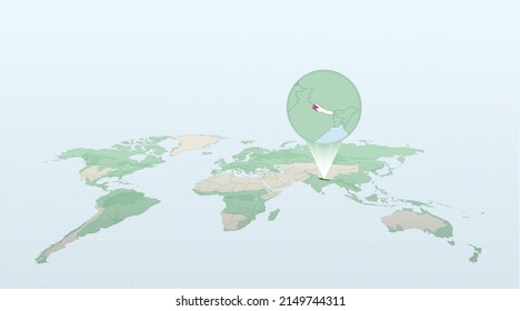 World map in perspective showing the location of the country Nepal with detailed map with flag of Nepal. Vector illustration.