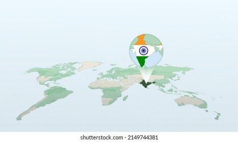 World map in perspective showing the location of the country India with detailed map with flag of India. Vector illustration.