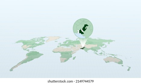 World map in perspective showing the location of the country Pakistan with detailed map with flag of Pakistan. Vector illustration.