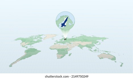 World map in perspective showing the location of the country Finland with detailed map with flag of Finland. Vector illustration.