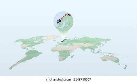 World map in perspective showing the location of the country Norway with detailed map with flag of Norway. Vector illustration.