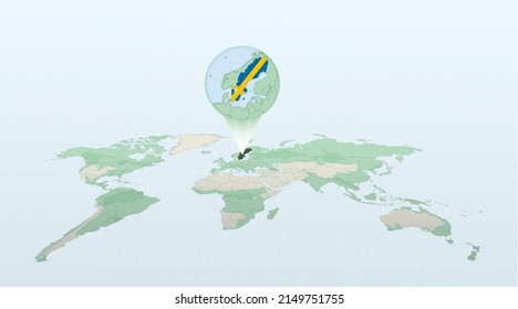 Weltkarte im Hinblick auf die Lage des Landes Schweden mit detaillierter Karte mit Flagge von Schweden. Vektorgrafik.