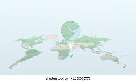 World map in perspective showing the location of the country Djibouti with detailed map with flag of Djibouti. Vector illustration.