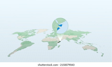 World map in perspective showing the location of the country Somalia with detailed map with flag of Somalia. Vector illustration.