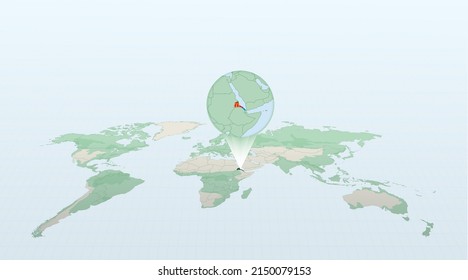 World map in perspective showing the location of the country Eritrea with detailed map with flag of Eritrea. Vector illustration.