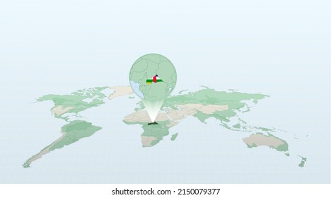World map in perspective showing the location of the country Central African Republic with detailed map with flag of Central African Republic. Vector illustration.