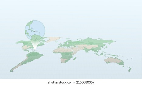 World map in perspective showing the location of the country Dominican Republic with detailed map with flag of Dominican Republic. Vector illustration.