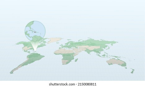 World map in perspective showing the location of the country Haiti with detailed map with flag of Haiti. Vector illustration.