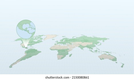 World map in perspective showing the location of the country Guatemala with detailed map with flag of Guatemala. Vector illustration.