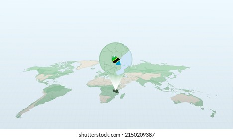 World map in perspective showing the location of the country Tanzania with detailed map with flag of Tanzania. Vector illustration.