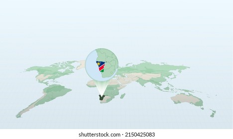 World map in perspective showing the location of the country Namibia with detailed map with flag of Namibia. Vector illustration.