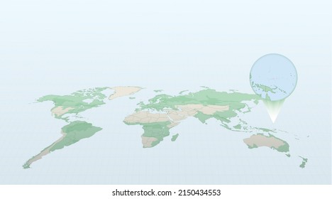 World map in perspective showing the location of the country Micronesia with detailed map with flag of Micronesia. Vector illustration.