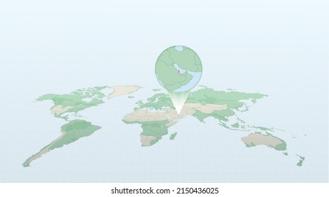 World map in perspective showing the location of the country Qatar with detailed map with flag of Qatar. Vector illustration.