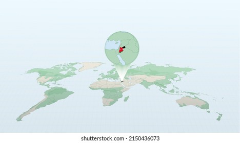 World map in perspective showing the location of the country Jordan with detailed map with flag of Jordan. Vector illustration.