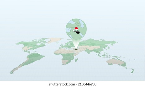 World map in perspective showing the location of the country Iraq with detailed map with flag of Iraq. Vector illustration.