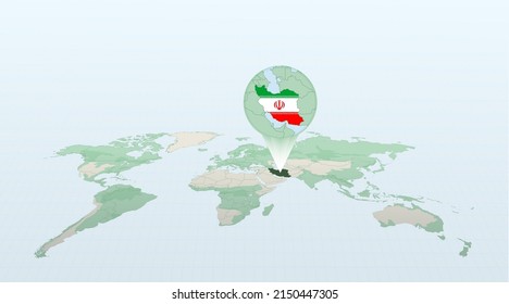 World map in perspective showing the location of the country Iran with detailed map with flag of Iran. Vector illustration.