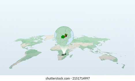 World map in perspective showing the location of the country Zambia with detailed map with flag of Zambia. Vector illustration.