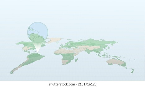World map in perspective showing the location of the country Grenada with detailed map with flag of Grenada. Vector illustration.