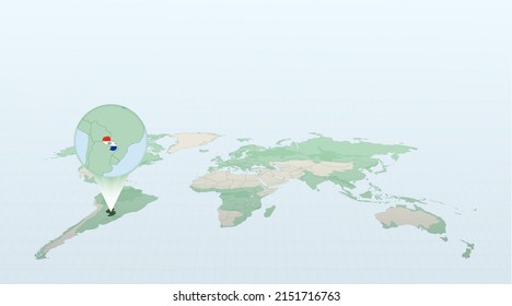 World map in perspective showing the location of the country Paraguay with detailed map with flag of Paraguay. Vector illustration.