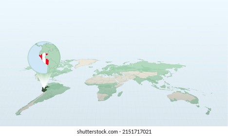 World map in perspective showing the location of the country Peru with detailed map with flag of Peru. Vector illustration.