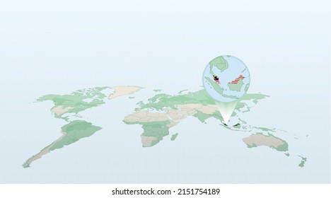 World map in perspective showing the location of the country Malaysia with detailed map with flag of Malaysia. Vector illustration.