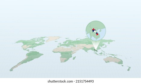 Mapa mundial en perspectiva que muestra la ubicación del país Laos con un mapa detallado con bandera de Laos. Ilustración vectorial.