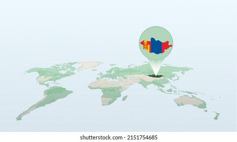 World map in perspective showing the location of the country Mongolia with detailed map with flag of Mongolia. Vector illustration.