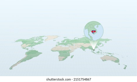 World map in perspective showing the location of the country Cambodia with detailed map with flag of Cambodia. Vector illustration.